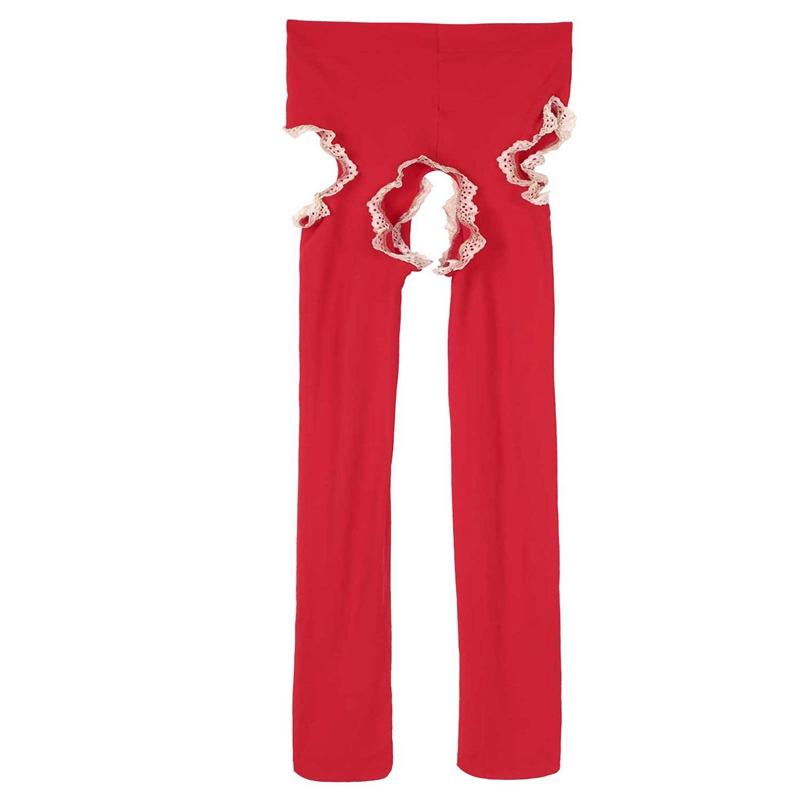 Men's Lace Trimming Pantyhose Open Crotch Long Pants Tights Leggings