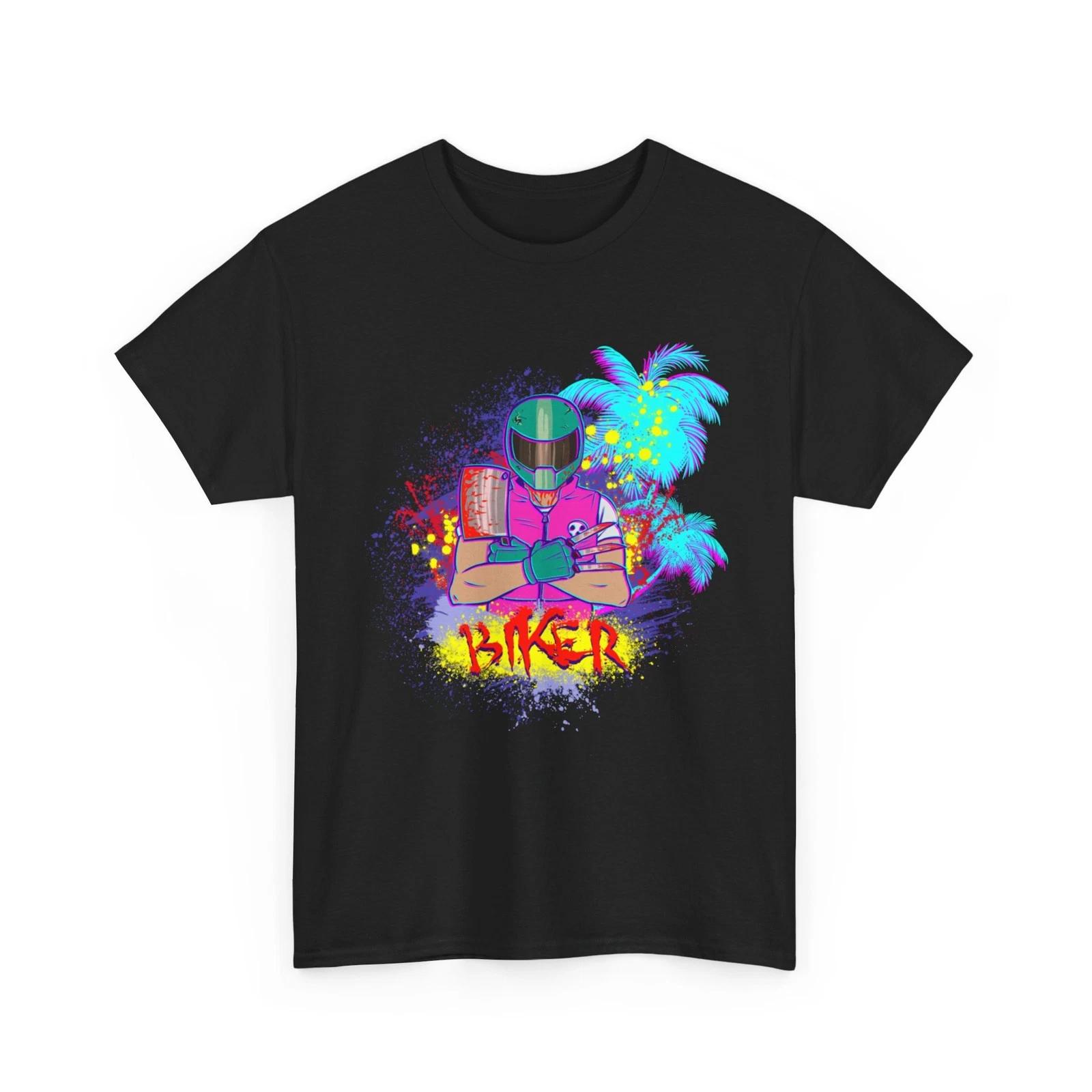 Retro Neon Biker Helmet Tee | Vaporwave Palm Tree Motorcycle, Flashy Colors, Tee 2XL