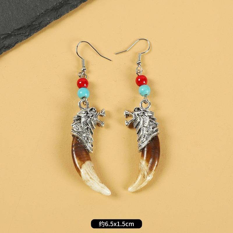 Tibetan wolf tooth earrings Tibetan silver inlaid real Tibetan mastiff dog tooth personality temperament niche earrings Tibetan earrings