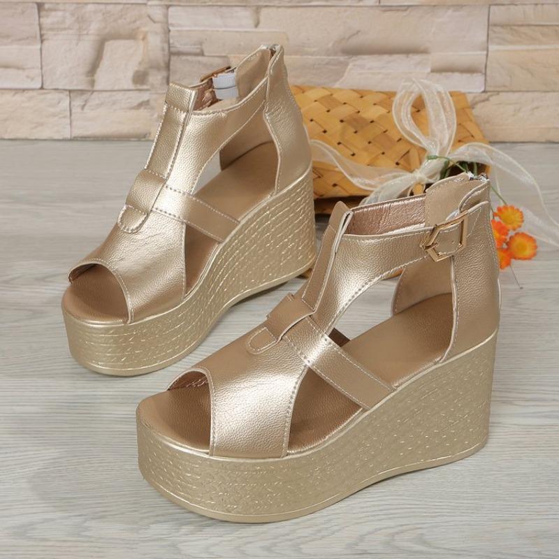 Plus-size platform high-heeled sandals for women, new summer style, wedge heel, peep toe, back zipper Roman sandals