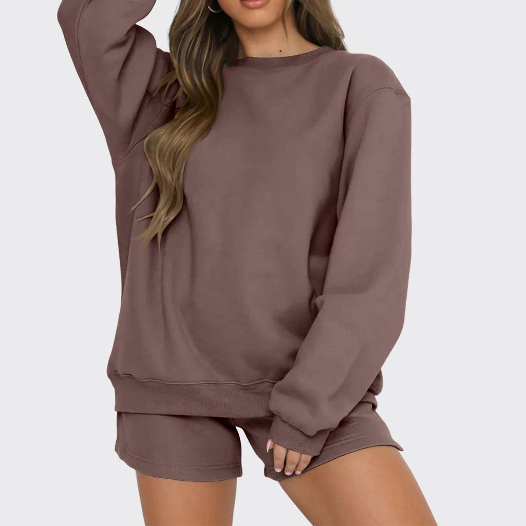 Women's Comfortable Casual Fashionable Solid Color Round Neck Sweatshirt Shorts Two-piece Set