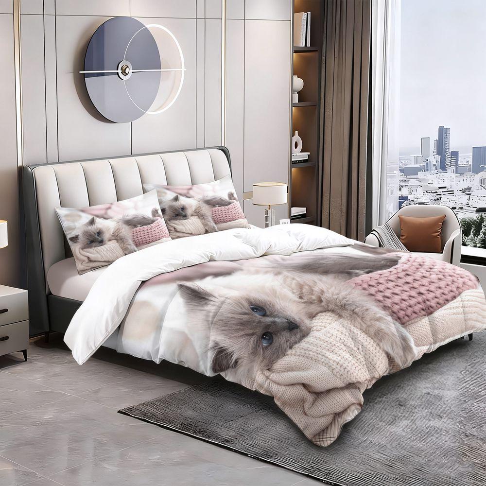 Cute Cat Print Duvet Cover Set (1 Duvet Cover & 1/2 Pillowcase) Soft Aesthetic Bedding Set for Kids Room Bedroom