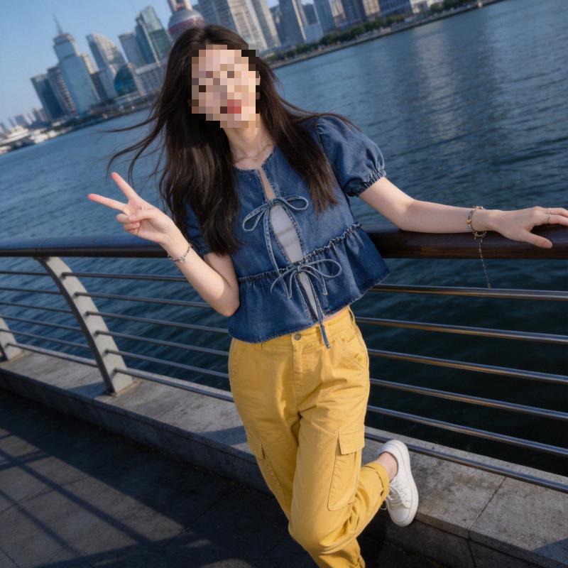 2026 Celebrity Dai Si Style: Trendy Slimming Bow Bubble Sleeve Loose Denim Top Large темно-синий