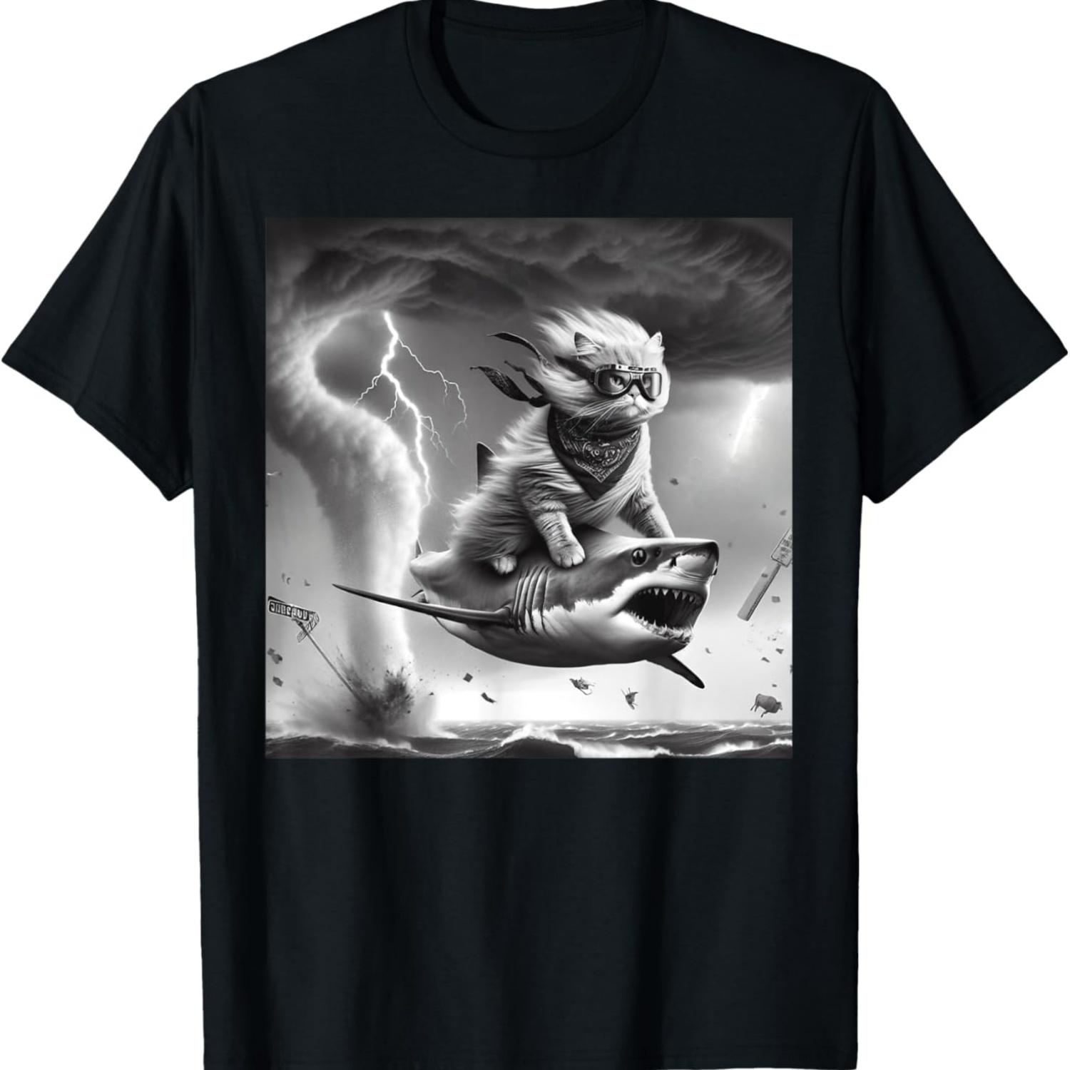 Funny Cat Riding a Shark in Tornado Meme T-Shirt S чёрный