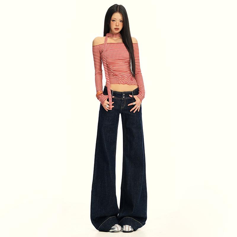 25. OOTD: Americké Retro Tmavě Modré Micro-Flare Volné Zeštíhlující Dlouhé Džíny