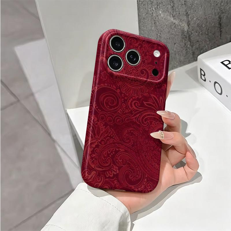 Luxurious Red Paisley Intricate Swirl Pattern Art Graphic Film Aesthetic Protective Shockproof Bumper Phone Case Cover For iPhone 14 15 16 ProMax Plus