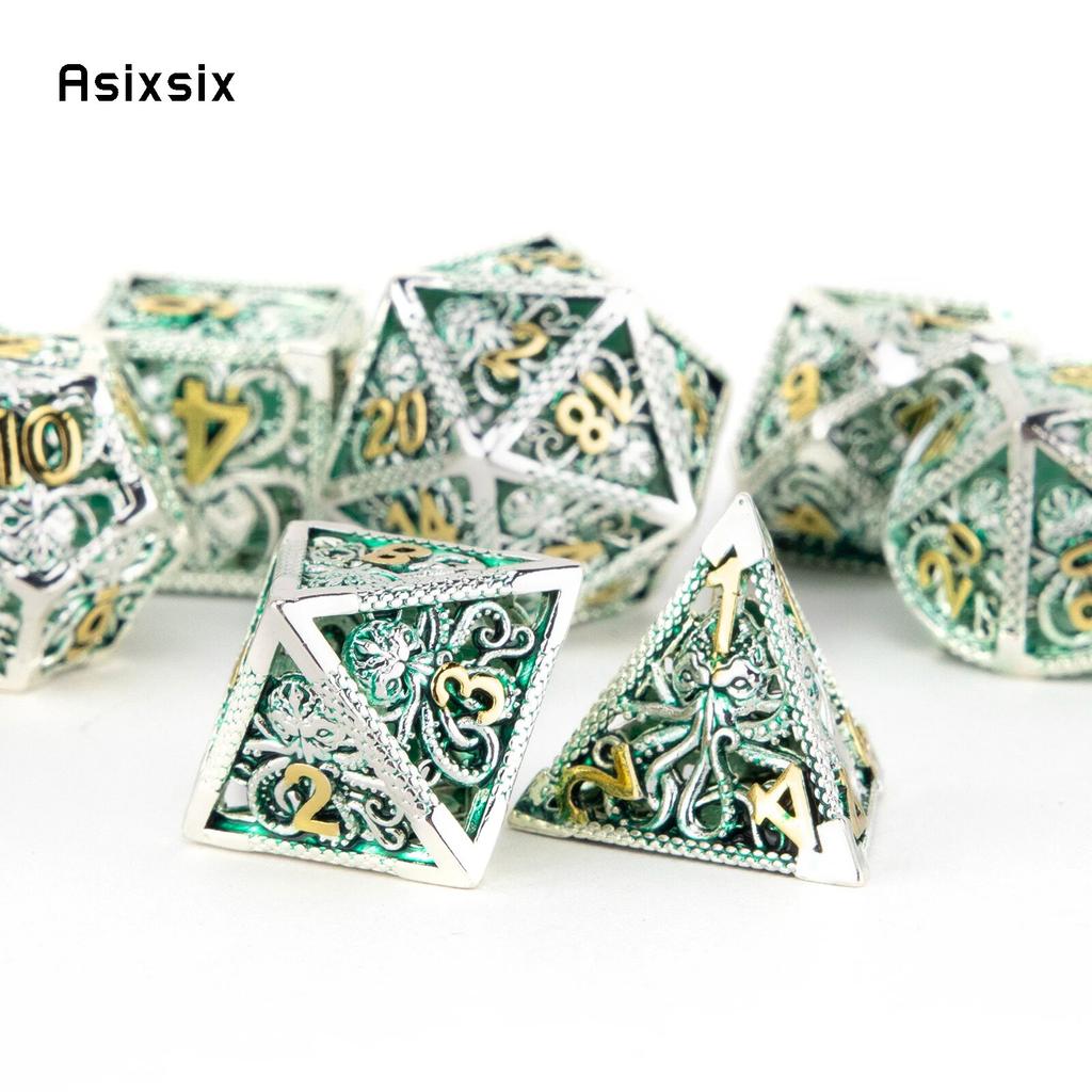 7 Pcs Silver Green Squid Metal Dice Hollow Metal Polyhedral Dice Set Suitable for Role-Playing RPG  Board Game Card Game