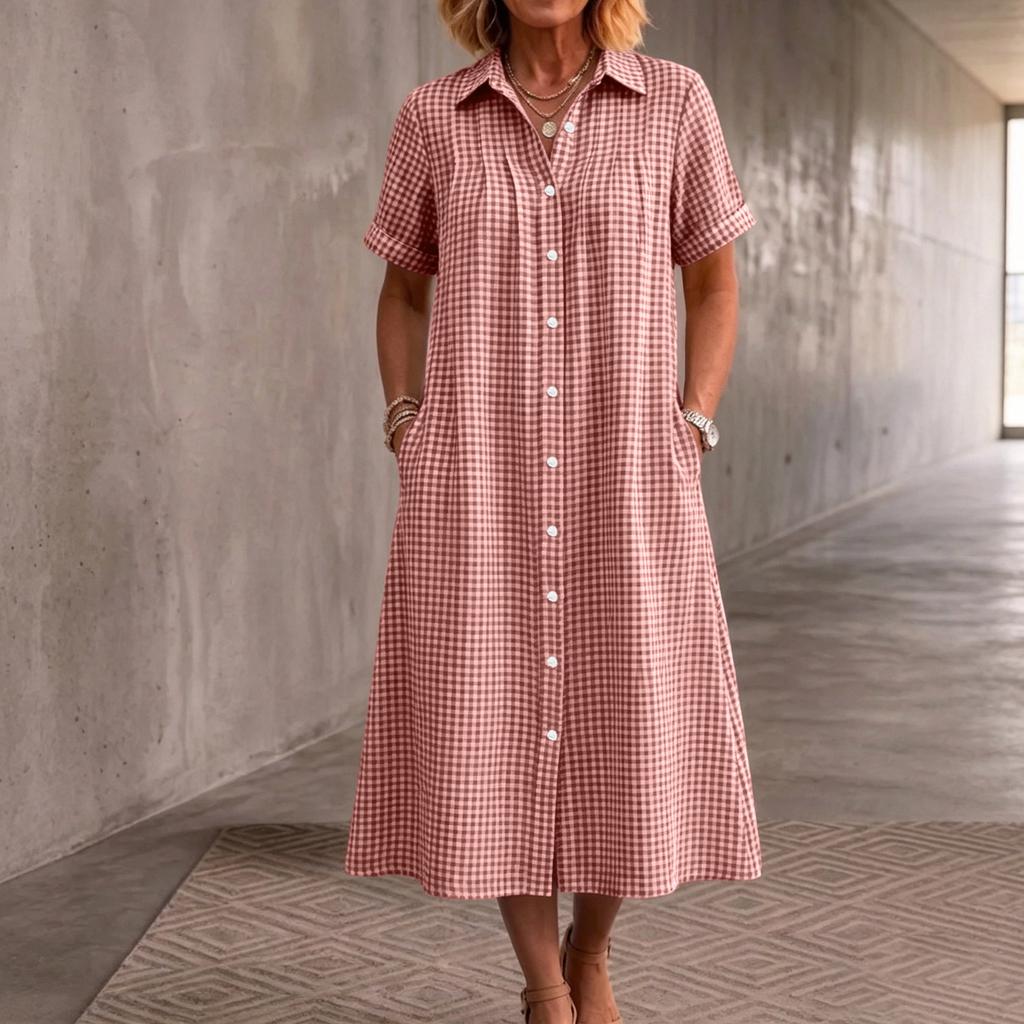 Women Plaid Short Sleeve Shirt Dress Button Down Collared Midi Dress with Pockets Casual Loose Fit Summer Dress