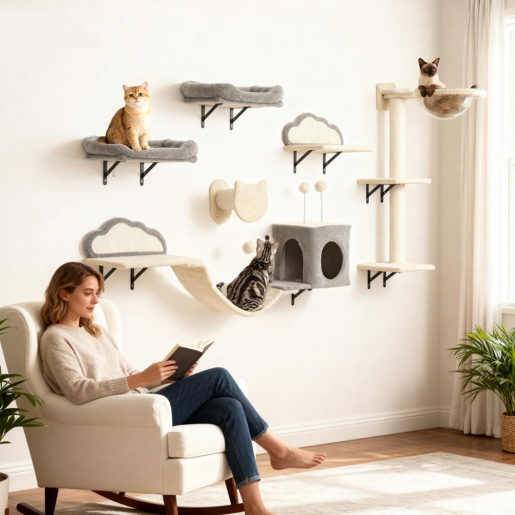 Wall shelves for cats, set of 6-piece wall furniture, acrylic bubble hammock, condo, hammock, ladder, beige