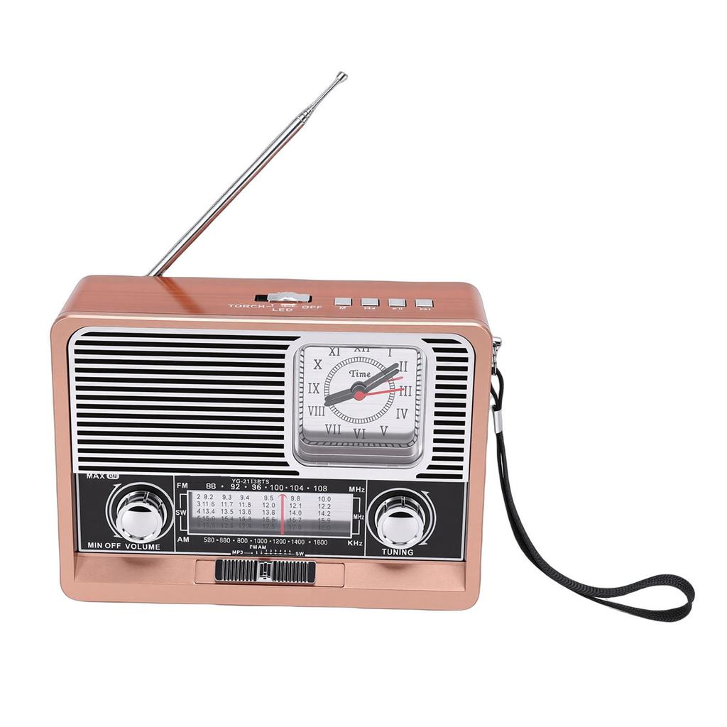 Rádio Retro AM FM SW Recarregável por USB Alimentado por Energia Solar Rádio Relógio Vintage com Lanterna Alto-falante Suporte a Pen Drive USB