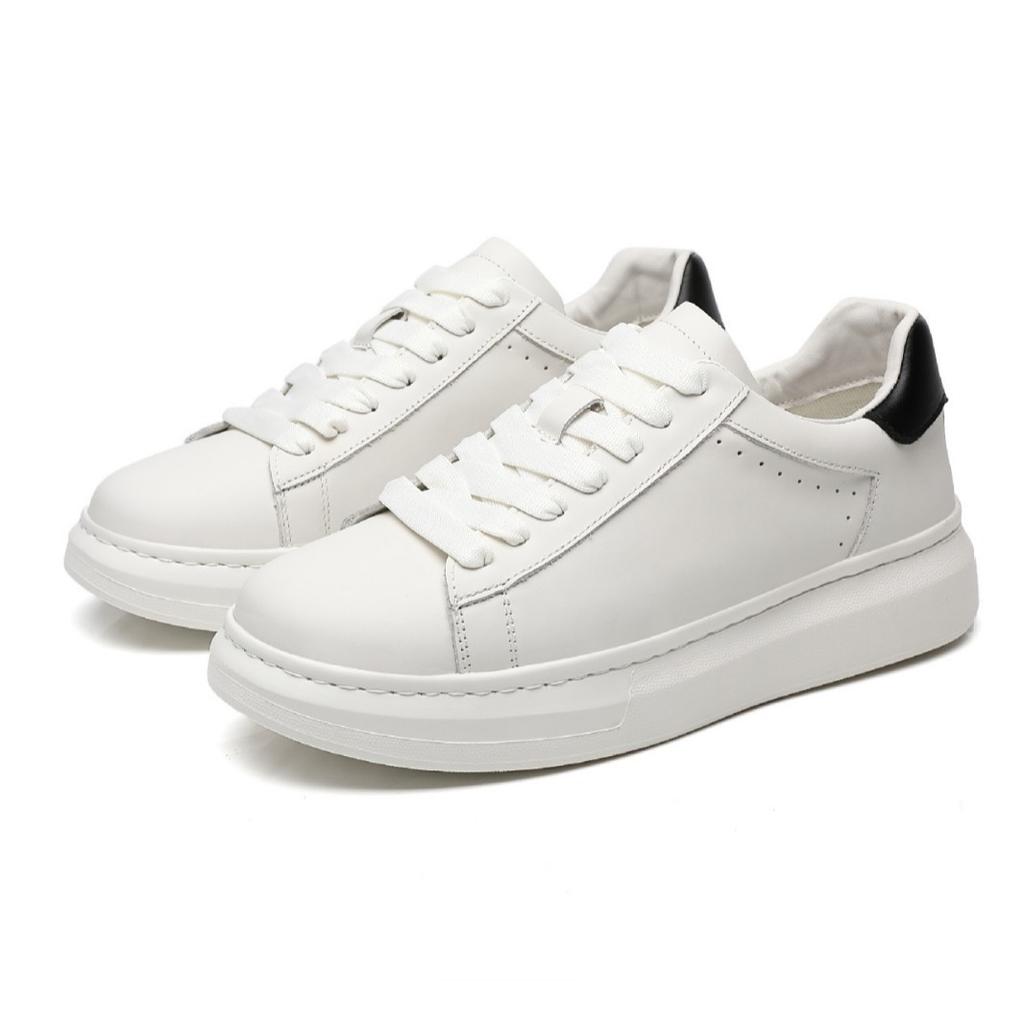 First Layer Cowhide White Shoes Thick Sole White Height Increasing Sports Board Shoes Men's Versatile Business Shoes