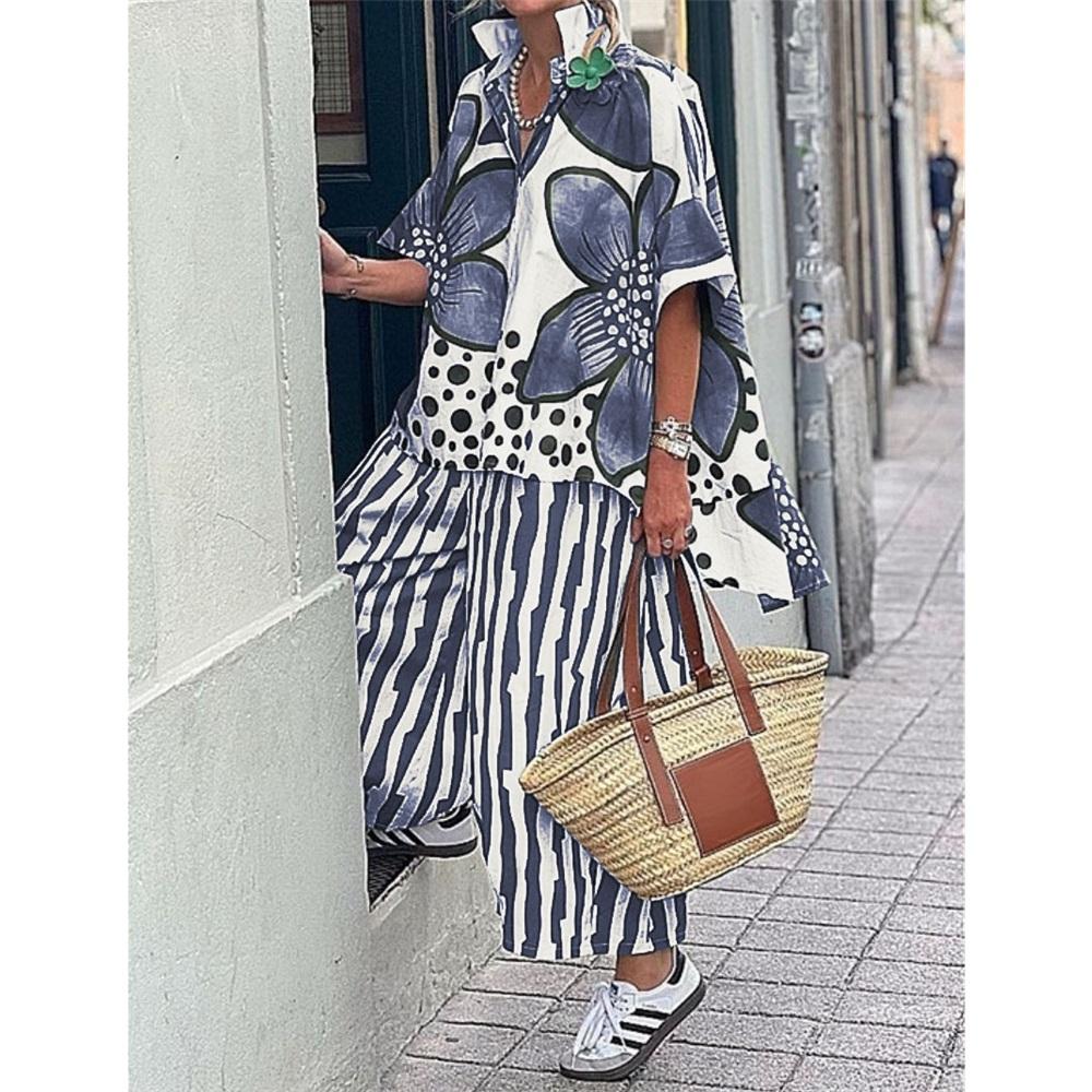 

Женский комплект повседневный рубашка с цветочным принтом брюки костюм-двойка XL синий