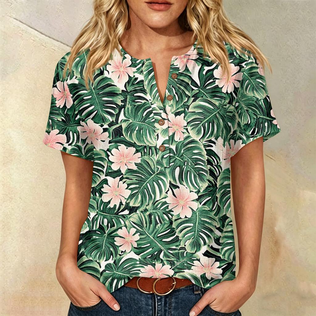 Damen Kurzarm Henley-Hemd mit Brusttasche Leichte Baumwoll-Leinen-Mischung Tropischer Print Lässiges Sommeroberteil
