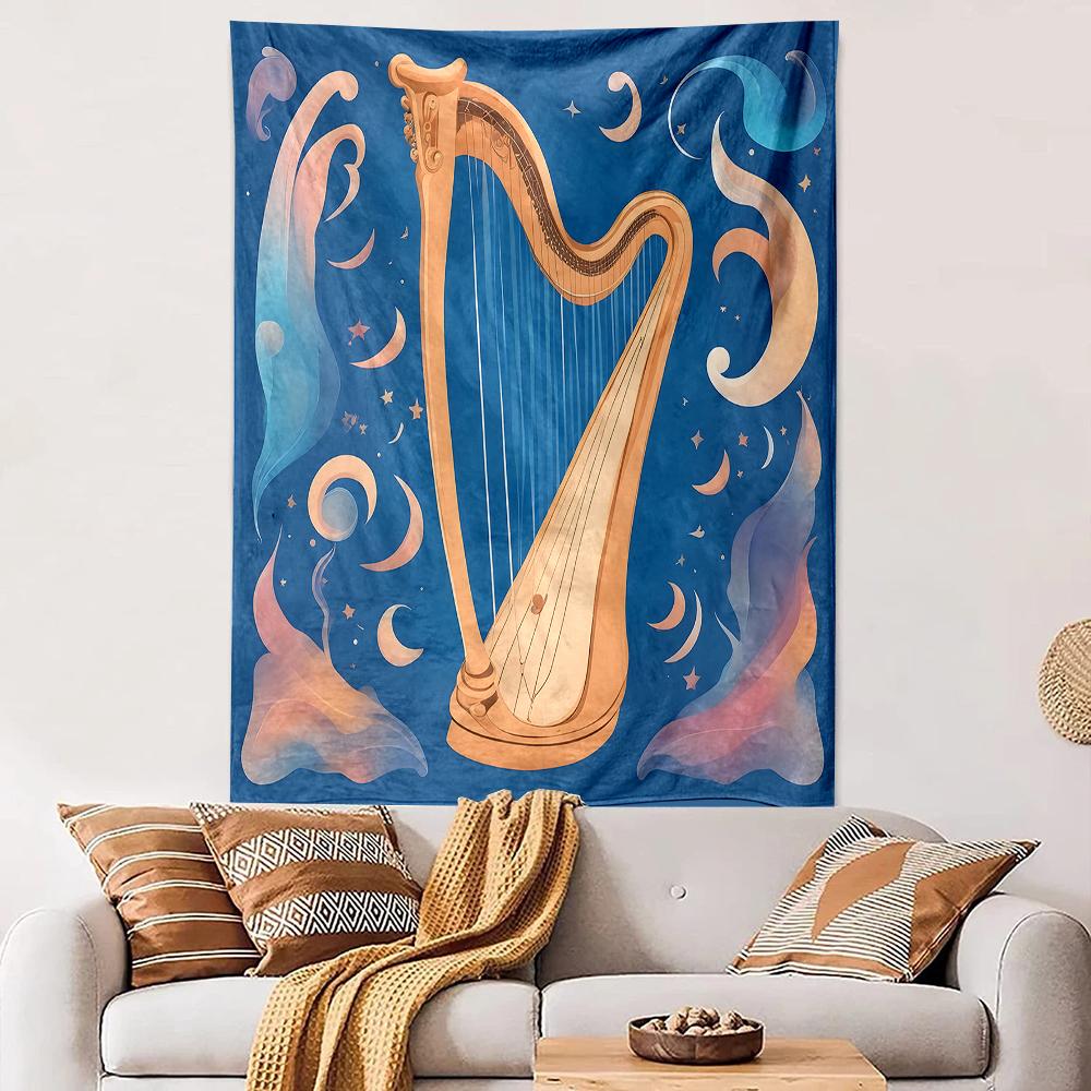Vertical Tapestry Peach Harp Blue Moons Stars Celestial Tapestry Wall Hanging Bedroom Music Room Decor Gift
