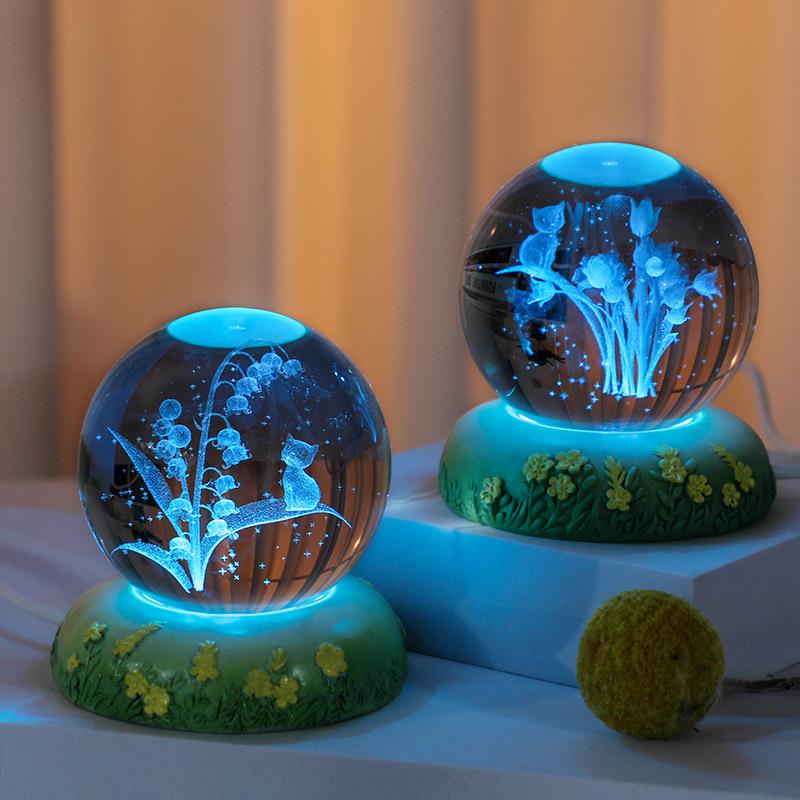 3D Crystal Ball Rose Carnation Flower Crystal Ball Night Light with Glowing Base Glass Ball Ornaments Mother's Day Birthday Gift