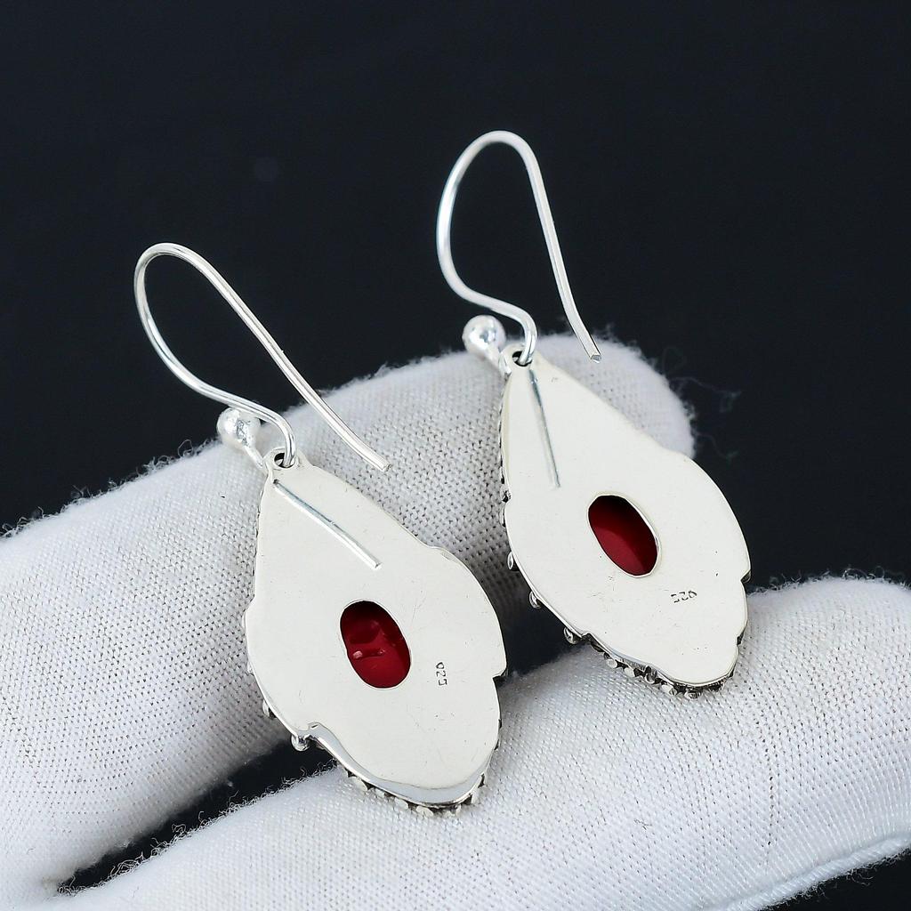 Natural Red Coral Gemstone Earrings, 925 Sterling Silver Earring, Handmade Boho Silver Jewelry Dangle Earrings, Wadding Gifts
