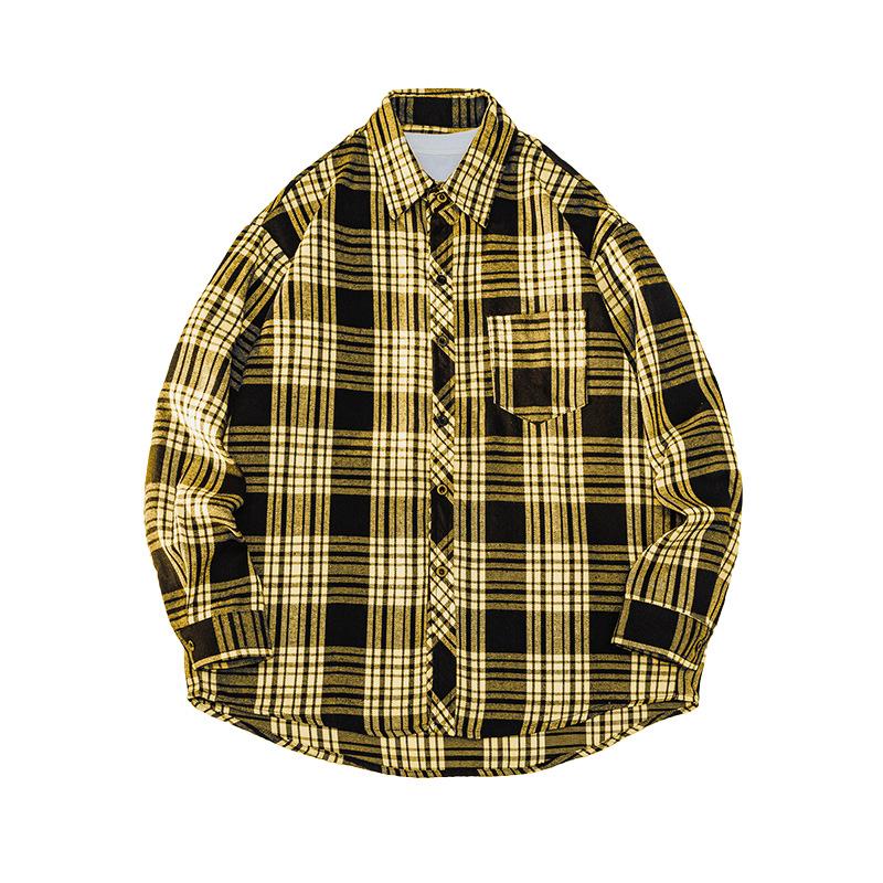 Hong Kong Style Shirt Loose Jacket Men and Women Long Sleeves Falling Shoulder Shirt Versatile Plaid Cardigan Youth