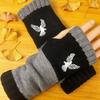 Knitted Fingerless Gloves Women Warm Gloves with Cute Embroidery Color Contrasting Breathable Knit Gloves