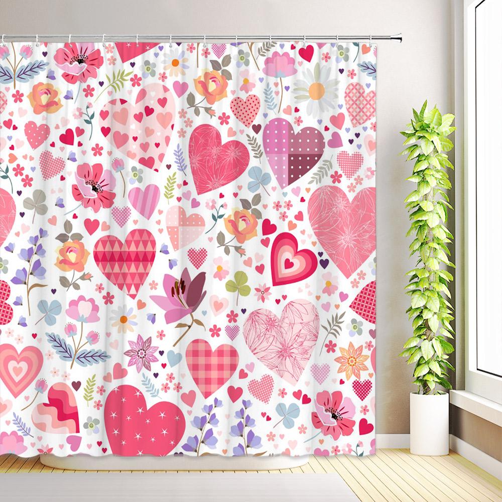 Red Love Hearts Tree Valentine's Day Shower Curtain Romantic Rose Flower Leaves Bathroom Decor Fabric Bath Curtains with Hooks