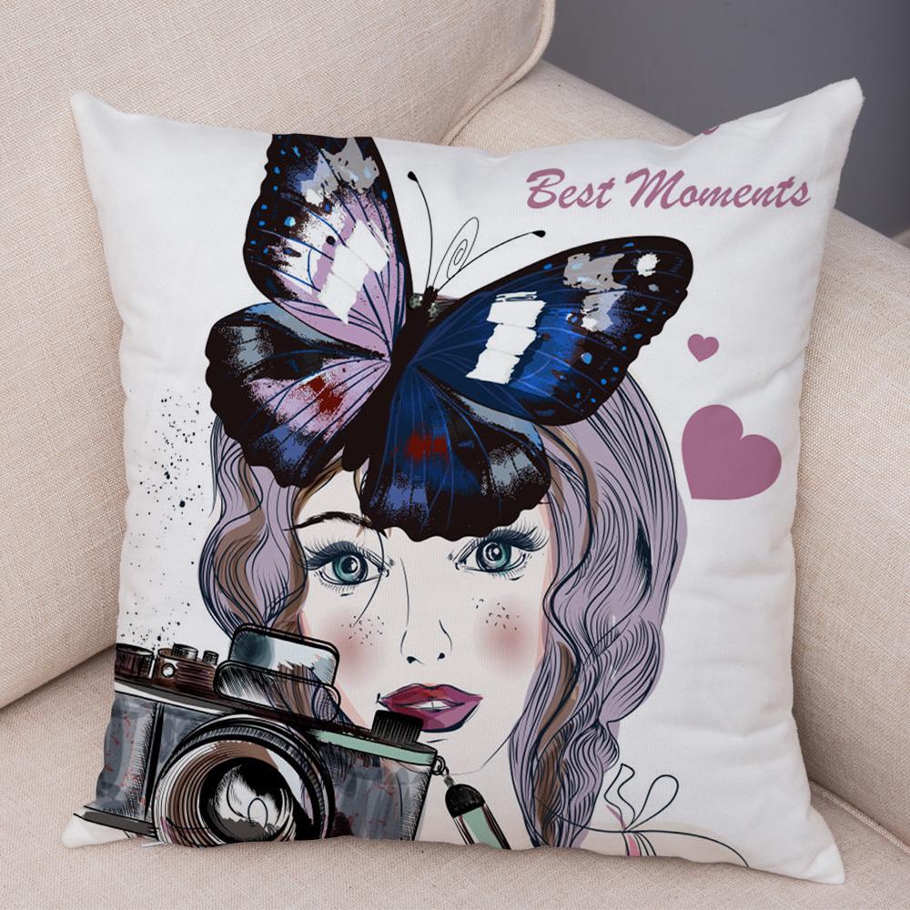 Boho Woman Art Pillowcase Double Print Fashion Lady Cushion Cover Soft Plush Portrait Pillowcase Bedroom Decor