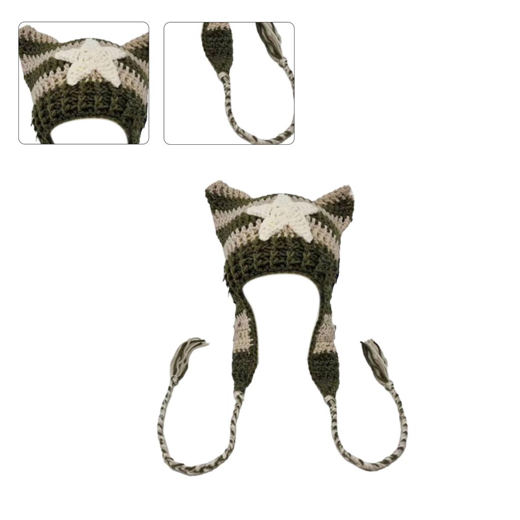 Cat Ear Beanie Hat for Women Harajuku Style Star Patched Earflap Hat Handmade Crochet Hat Y2K Sweet Winter Warm Headwear