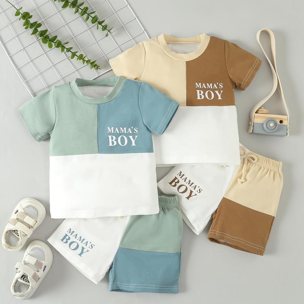 Boys' Set Summer Children's Casual Color-blocked Short-sleeved Letter T-shirt and Shorts