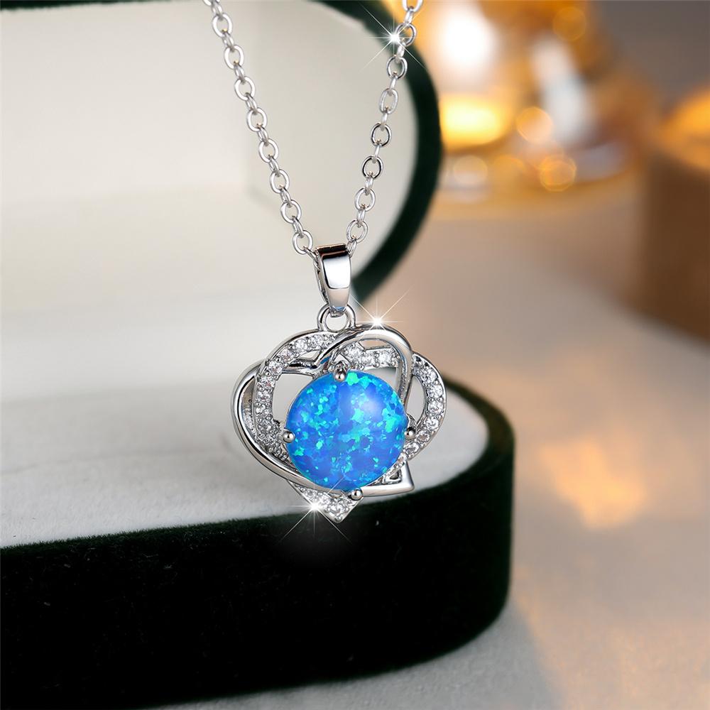 Female Crystal Blue Opal Stone Pendant Love Heart Necklace Vintage Big Round Silver Color Wedding Jewelry For Women