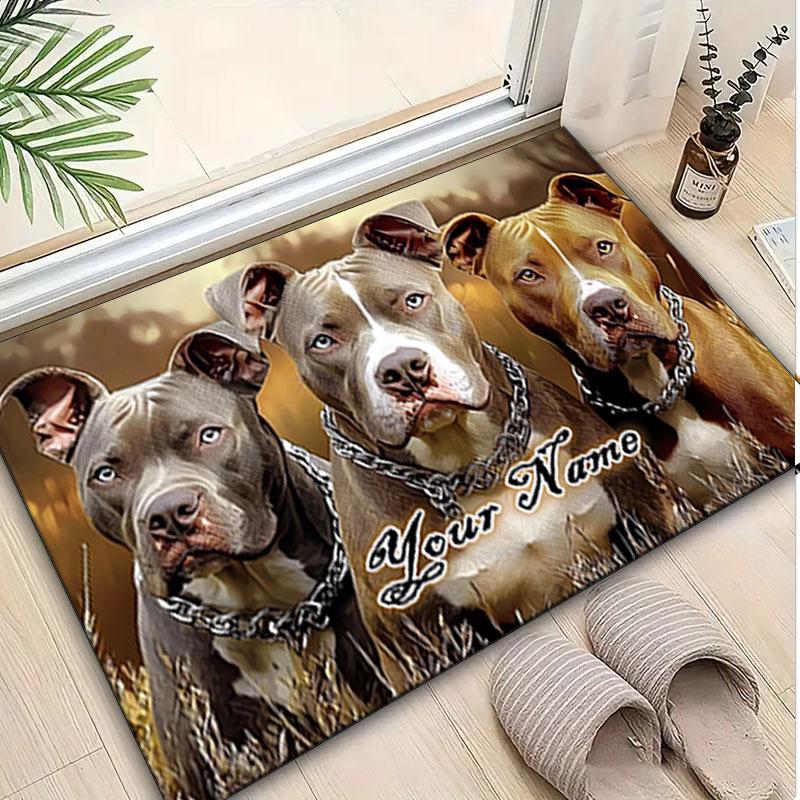 1PC Custom Name Pit Bulls: Strength Loyalty Theme Floor Mat Ideal for Living Room, Game Rooms, Office, Bedroom,Floor Mat Playful Design