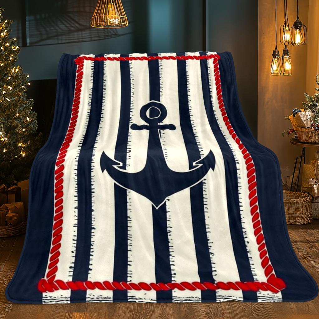 Nautical Anchor Stripe Design FleeceBlanket Navy Blue White Red Rope Border Soft Plush Throw Blanket for BeachHouseCoastal Style