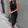 European and American Light Commuter Black Neck Swing Collar Dress Women's Autumn Temperament Satin Waist Hip Skirt Women's Clothing