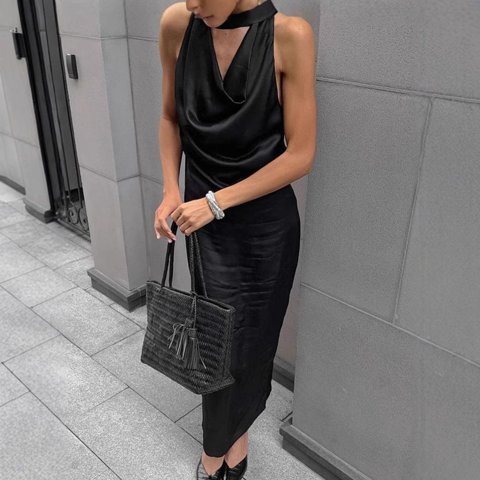 European and American Light Commuter Black Neck Swing Collar Dress Women's Autumn Temperament Satin Waist Hip Skirt Women's Clothing