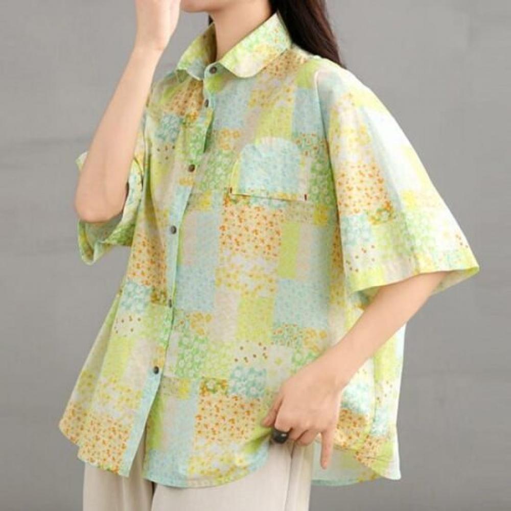 Navava Women Retro Pattern Loose Fit Short Sleeve Shirt Nb2661