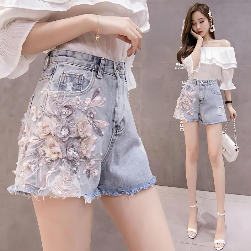 3D Florale Spitze Sommer Denim Shorts Damen Streetwear Hohe Taille Schlanke Passform Y2k Zerrissen Mode Shorts Große Größen