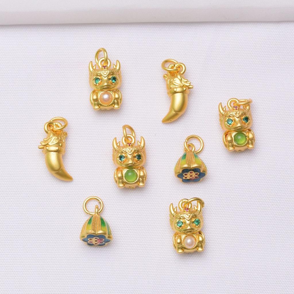 10pcs Color-Preserving Sand Gold Dripping Oil Fu Character Guochao Safety Lock Dragon Zodiac Pendant Diy Handmade Jewelry Accessories Gourd Pendant