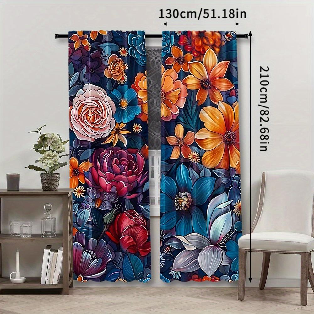 2 Stück Boho Blumenfenstervorhänge - Lebendiges Orange   Blau & Rosa Blumendesign   Stangentasche für Schlafzimmer   Wohnzimmer   Set