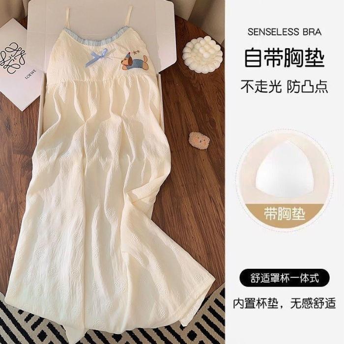 

Woven embossed cloud cotton suspender nightdress women s summer V-neck removable pajamas with chest pads women s long loungewear 160(M)