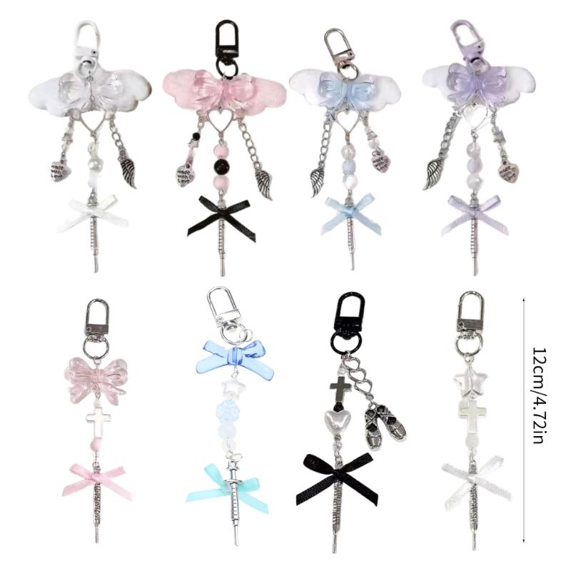 Cute Pink Butterfly Phone Charm Stylish Keychain Pendant Beaded Cellphone Pendant Phone Lanyard for Women and Girls