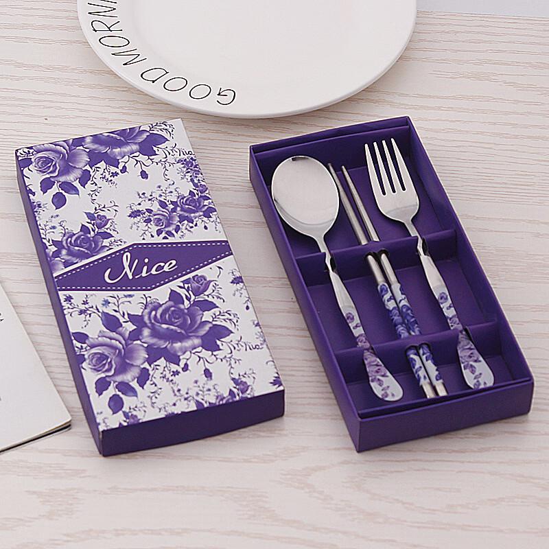 Ruhan X5 Blue & White Porcelain Stainless Steel Portable 3-Piece Cutlery Set