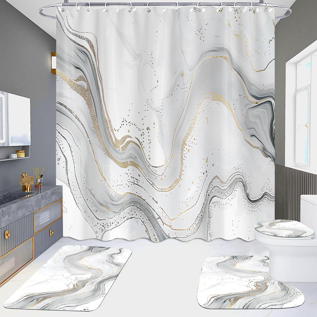 4Pcs Marble Series Shower Curtain Sets for Bathroom Non-Slip Bathroom Rugs Lid Toilet Cover Bath Mat