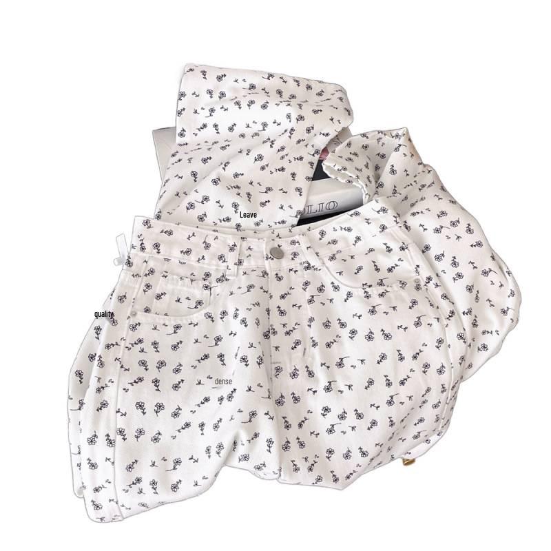 Spring/Summer Korean Style High Waist Floral White Wide-Leg Denim Pants for Women