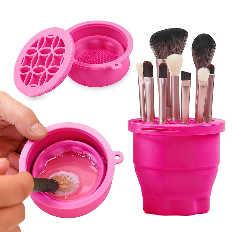 Makeup Brushes Cleaner Mat with Brush Storage Holder, Folding Portable Washing Tool for Makeup Brush Cleaning, 2 In 1 Silicone Brush Cleaner Pad &