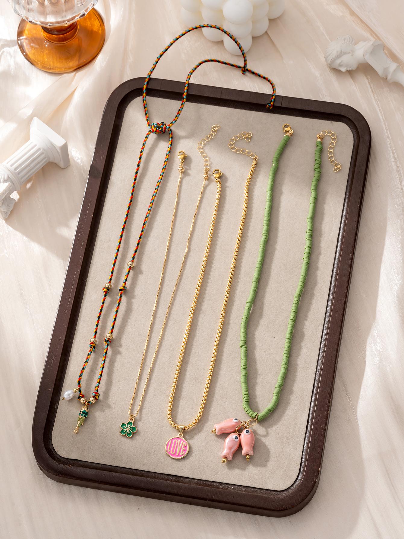 

4pcs Fashion Layered Stacked Necklace Set Ceramics Fish Charms Bead Design Colorful Bohemian Statement Women Party Jewelry золотистий