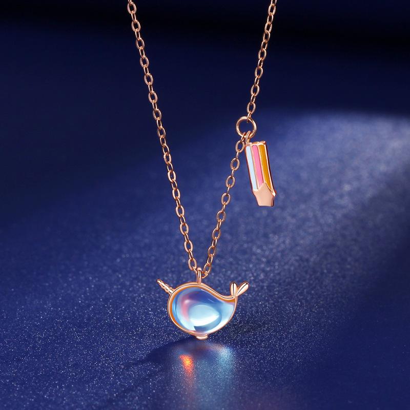 Aurora Narwhal Necklace: S925 Sterling Silver with Moonlight Stone Rainbow Pendant for Women 925 Silver розового золота