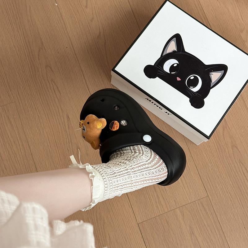 Fashion cute cartoon bear biscuits two wearing hole shoes women's summer new thick-soled heightening breathable slippers