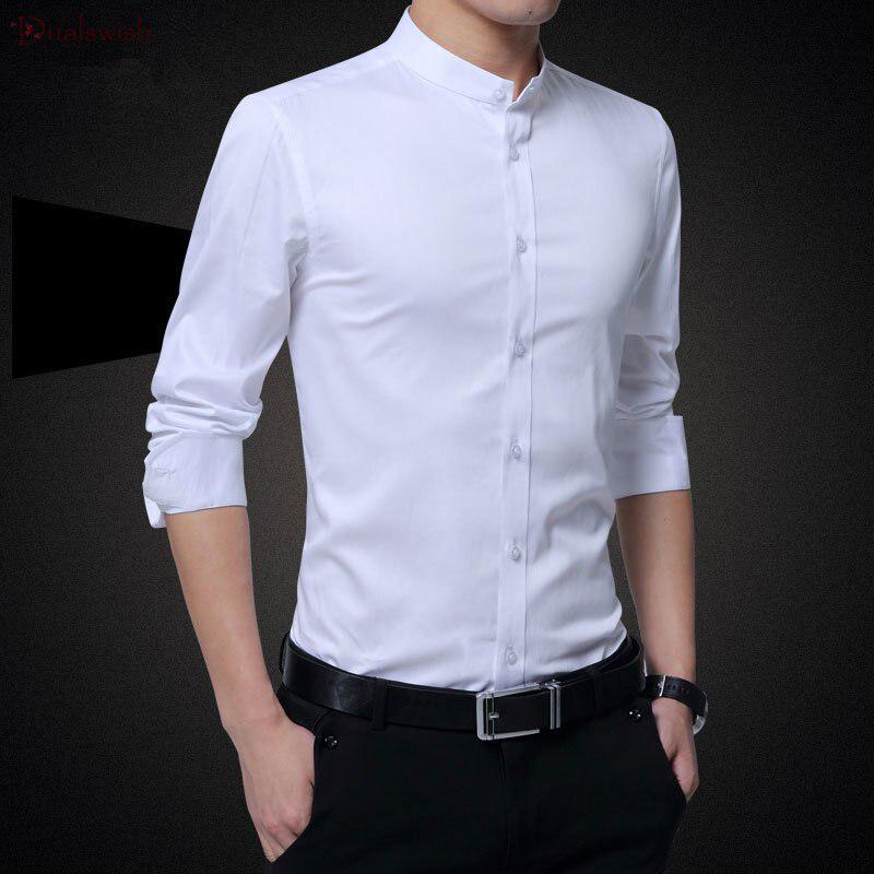 Nuove Camicie da Uomo Business Manica Lunga Collo alla Coreana Cotone Camicia Maschile Vestibilità Slim Design Popolari