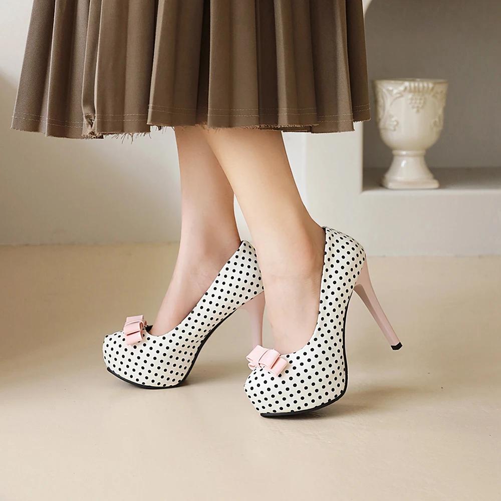 Sexy Super High Heels Women Platform Pumps Polka dot Bow Party Dress Shoes Woman Elegant Wedding Shoes Female 12cm Stilettos