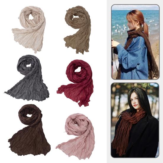 Women Scarf Retro Pleated Design Thin Scarf Soft Flax Shawl Scarf Daily Wear Outdoor Activities Versatile Accessory