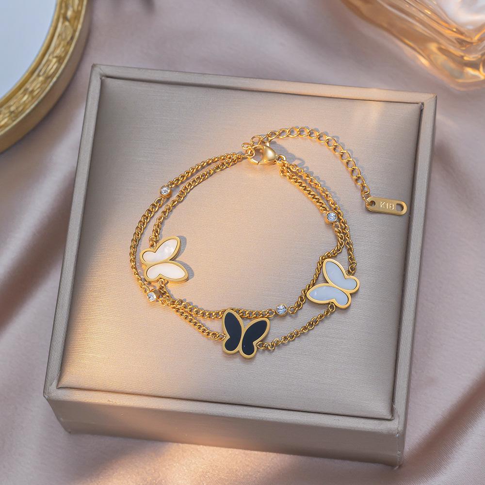 Exquisite Black & White Butterfly Double-Layer Titanium Steel Bracelet for Women: High-End, Versatile Hand Jewelry