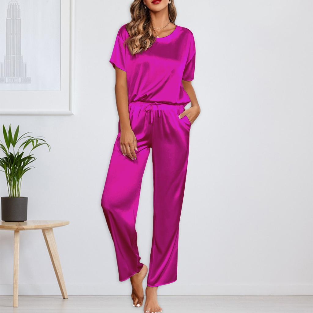 Women's Silk Solid Color Pajama Set Short Sleeve Shirt And Long Pajama Pants Set Soft Pajamas Loungewear