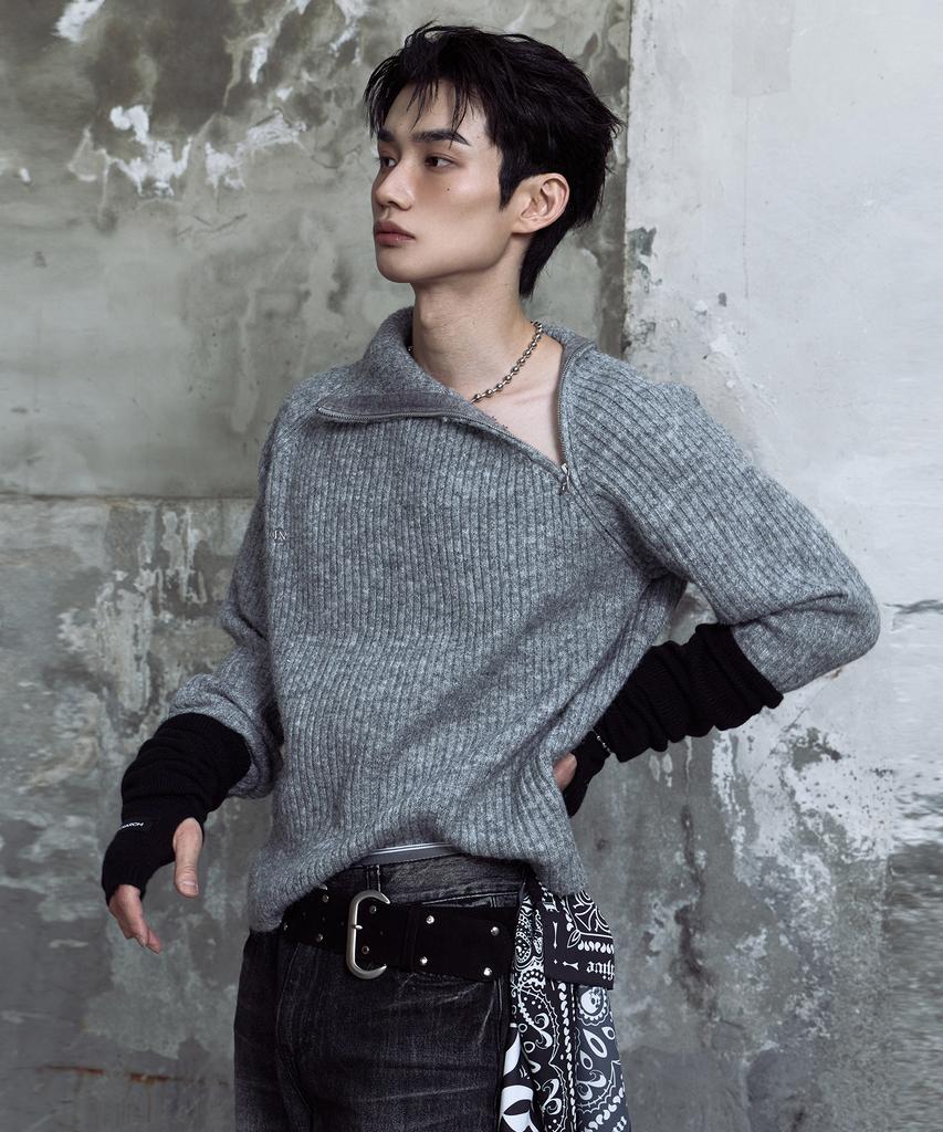 LANARCHIVE [0091] Shoulder Zip-Up Ribbed Knit - Gray